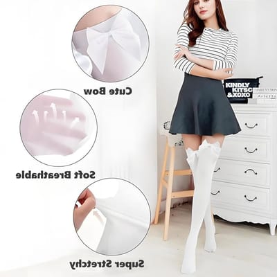 2 Paar Witte Thigh High Kousen met Strik, Anti-Slip Overknee Kousen voor Vrouwen, Perfect voor Mode en Cheerleading
