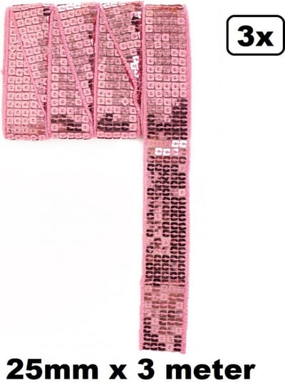 3x Paillettenband recht licht roze 300cm x 25mm – paillet band thema feest party