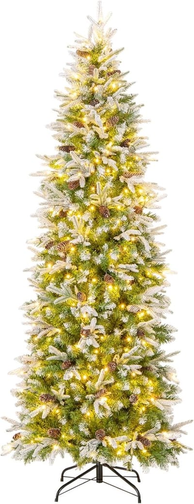 COSTWAY Kunstkerstboom van 225 cm met verlichting en sneeuw, potlood dennenboom met 350 warmwitte ledlampen en 75 dennenappels, smalle kerstboom voor thuis