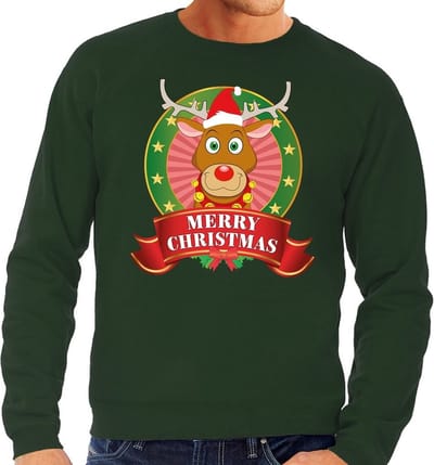 Bellatio Decorations Foute kersttrui - sweater - groen - Rendier Rudolf - Merry Christmas - voor heren S