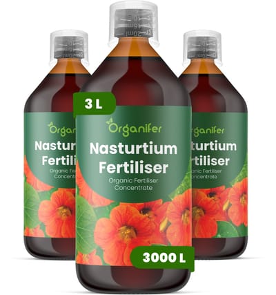 Vloeibare Meststof Voor Oost-Indische Kers 3X1 L Voor 3000 L - Npk 2-1-8 - Ondersteunt Overvloedige En Continue Bloei Bij Alle Oost-Indische Kers Variëteiten - Verbetert Bloemkleurintensiteit En Bloembladkwaliteit Dankzij Kaliumgehalte - Organifer