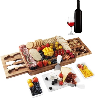 Famanu - Vierkante houten kaasplank met bestekset, luxe charcuterieplank voor hapjes en fruit – Wit