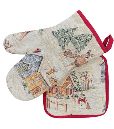 Bundel - Ovenwant en Pannenlap - Gobelinstof - Kerst - Snowy Mountains - rendieren - sneeuw
