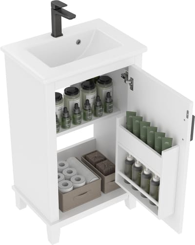 Merax Badmeubel Met Wastafel - Wastafelmeubel Staand - Keramische Wastafel Geïntegreerd - Met 1 Deur - Met Deurvakken - Met Verstelbare Legplank - Volledig Gelakt - Voor Kleine Badkamer - Wit - 51 x 34 x 83 cm