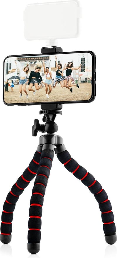 MOJOGEAR Flexibel statief met schuimrubber poten — Geschikt voor Smartphone / Compactcamera / Action cam — Tot 26 cm hoog — Met statiefhouder voor smartphones tot 9,5 cm breed — Zwart/Rood