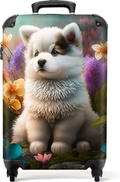 NoBoringSuitcases.com - Koffer - Puppy - Bloemen - Natuur - Bos - Vrouwen - Trolley vrouw - Handbagage koffer - Reiskoffer man - Lichtgewicht - Kofferslot - Past binnen 55x40x20 cm en 55x35x25 cm - Koffer volwassenen - Hardcase koffer - TSA slot