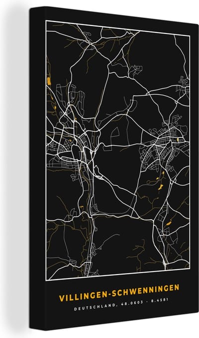 Canvas Schilderij Black and Gold – Stadskaart – Villingen Schwenningen – Duitsland – Plattegrond – Kaart - 20x30 cm - Wanddecoratie