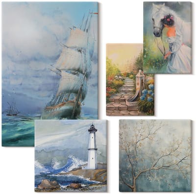 Wallfluent Set van canvas schilderijen - Zee-avonturen en romantische natuurlandschappen Canvas Schilderijen Set - Set van 5 Canvas Schilderijen - Blauw Set van Canvas Prints - Landschappen Canvas Kunst Set - Boheemse Canvas Kunst Set