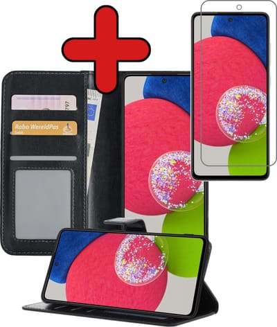 Hoesje - Met Screenprotector - Geschikt voor Samsung Galaxy A52s 5G - Luxe Pasjeshouder - Flipcase - Bookcase Portemonee - Flip Case - Kunstleer Book Case - Book Cover - Walletcase - Portemonneehoes - Telefoonhoes - Zwart