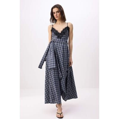 Marineblauwe geruite/geruite mouwloze midi-jurk voor dames