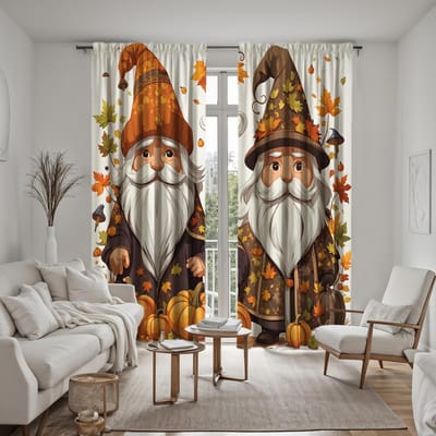 2 pièces avec chapeau long de Fête des Récoltes HD Citrouille de dessin animé Feuille d'érable rideau décoratif Cordon jaune rideau imprimé numérique Maison W52H63inchW132H160cm white