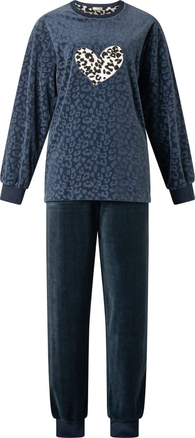Lunatex - warme dames pyjama velours 124209 - navy/zwart - maat S