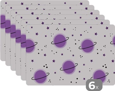 Placemat - Placemats kunststof - Space - Planeten - Sterren - Ruimtevaart - Patroon - 45x30 cm - 6 stuks - Hittebestendig - Anti-Slip - Onderlegger - Afneembaar