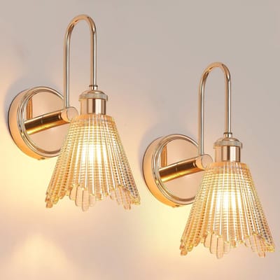 Wandlampen Set van 2 Vintage Goud met Amberglas Lampenkap