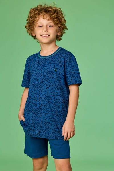 Woody Jongens-Heren pyjama palmbomen print blau - maat 140/10J
