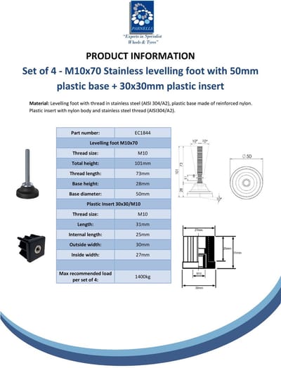 Roestvrijstalen voet M10x70, kunststof voetplaat van 50 mm + inzetstuk 30x30x1,5 mm, 1400 kg - Set van 4
