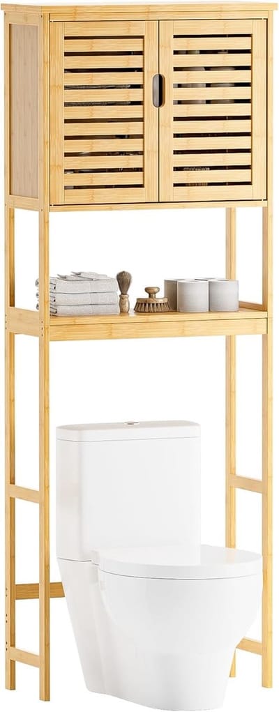 Badkamer boven het toilet opbergkast, 2-deurs bamboe kast organizer, vrijstaand ruimtebesparend toiletrek met verstelbare binnenplank en open plank (natuurlijk)