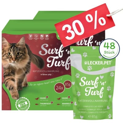 48 x 85 g Lecker.Pet® Surf'n'Turf Pouches kattenvoer in fijne gelei natvoer - 4 soorten multipack