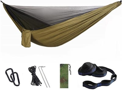 Hangmat Kamperen - Nylon Hangmat - Buiten Ontspannen - Met Insectennet - 200 kg Capaciteit - Legergroen