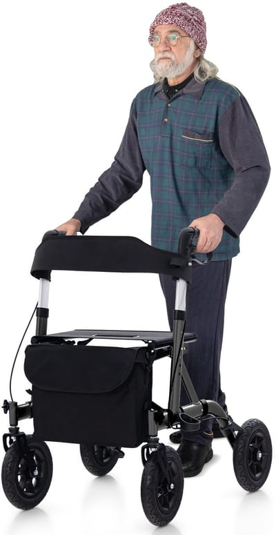 COSTWAY Rollator met luchtbanden, opvouwbaar en licht, met zitting, aluminium, tot 136 kg, 2-in-1 rolstoel & reisrollator, loophulp, 6-voudig in hoogte verstelbaar, loopwagen met tas en stokhouder