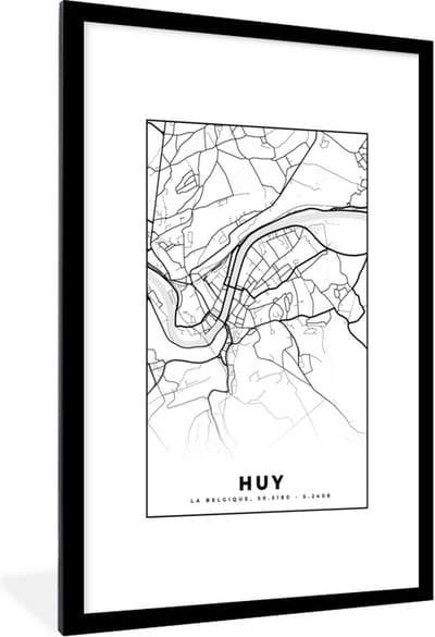 Fotolijst incl. Poster Zwart Wit- Stadskaart – Plattegrond – België – Zwart Wit – Huy – Kaart - 80x120 cm - Posterlijst