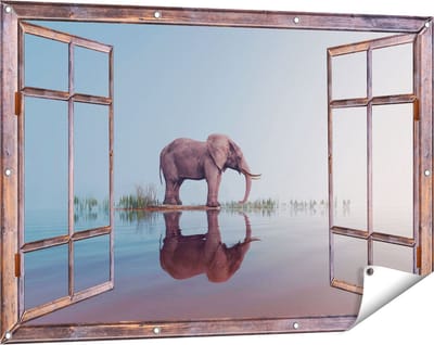 Gards Tuinposter Doorkijk Olifant bij het Water - 120x80 cm - Tuindoek - Tuindecoratie - Wanddecoratie buiten - Tuinschilderij