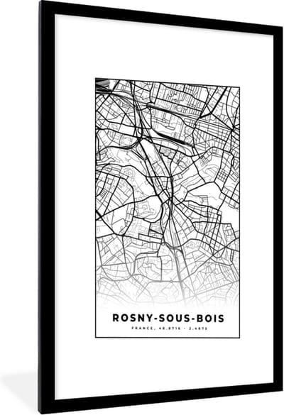 Fotolijst incl. Poster Zwart Wit- Kaart - Plattegrond - Rosny-sous-Bois - Frankrijk - Stadskaart - Zwart wit - 60x90 cm - Posterlijst