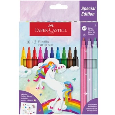 Faber-Castell viltstiften - Unicorn - 10x standaard kleuren + 3x pastel kleuren - met unicorn stickers - FC-554213