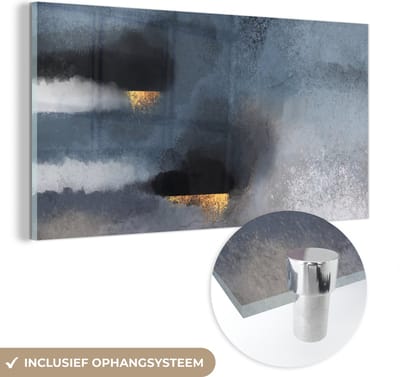 MuchoWow® Glasschilderij 40x20 cm - Schilderij acrylglas - Wolken - Gold - Abstract - Foto op glas - Schilderijen