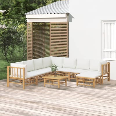 vidaXL - 9-delige - Loungeset - met - kussens - bamboe - crèmewit