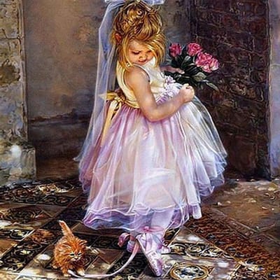 Broderie diamant 5D, icônes décoratives en diamant rond, peinture diamant à faire soi-même, bel enfant en robe 30x30CM gray