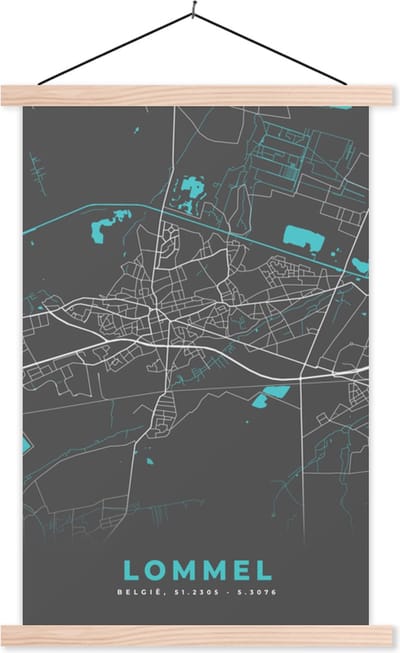 Posterhanger incl. Poster 40x60 cm - Schoolplaat - België – Lommel – Stadskaart – Kaart – Blauw – Plattegrond - Textielposter - Blanke latten - Stadskaart