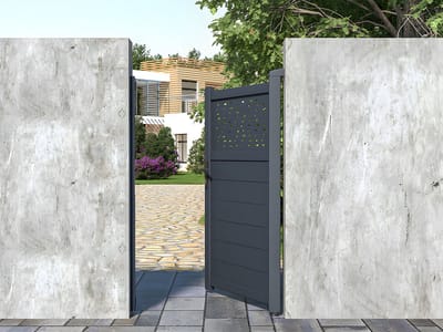 Vente-unique Draaipoort van aluminium met motieven - Halfopengewerkt - L. 103 x H. 166 cm - Antraciet - BAZIO