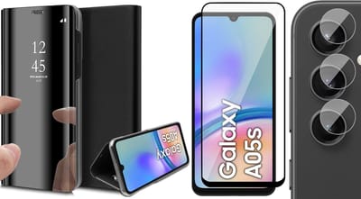 Hoesje geschikt voor Samsung Galaxy A05s - Screenprotector Volledig Dekkend Glas & Camera - Spiegel Book Case Zwart