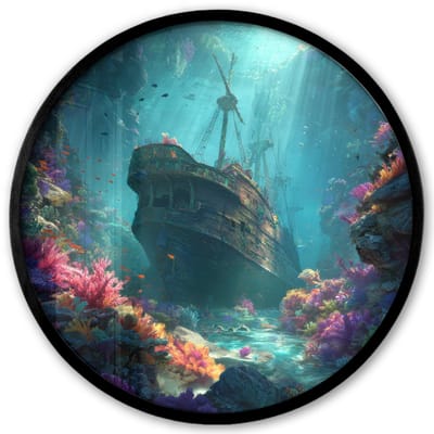 Poster in lijst Rond - Fotolijst 40x40 cm - Posters - Schip - Hout - Koraalriffen - Zonlicht - Ronde posterlijst zwart - Decoratie - Wanddecoratie woonkamer - Muurdecoratie slaapkamer