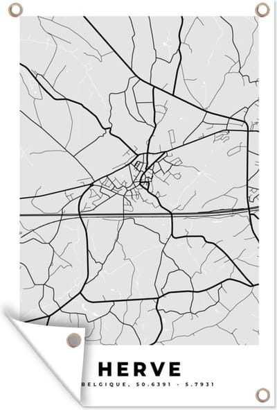 Muurdecoratie België – Herve – Stadskaart – Kaart – Zwart Wit – Plattegrond - 120x180 cm - Tuinposter - Tuindoek