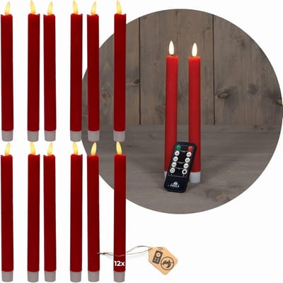 LED-kaarsen met timer ROOD 12 stuks voor binnen - 6 uur - ECHTE WAS 18 cm hoogte voor kaarsen 2,2 cm diameter 2 AAA-batterijen vereist LED-kaarsen set van 4 ROOD (drie keer) bewegende vlamlamp
