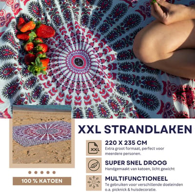 XXL Strandlaken 220 x 235 - Extra groot vakantie Strandkleed - Picknick Kleed- Lichtgewicht 100% Duurzaam Katoen - Pink Seashell - (Roze & Wit) - Boho Ibiza Mandala - Sneldrogend kleed