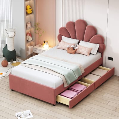 SINGULARITY-Gestoffeerd kinderbed 90 x 200 cm- bedframe met bloemenhoofdbord en lattenbodem- met 2 opbergvakken- roze- zonder matras