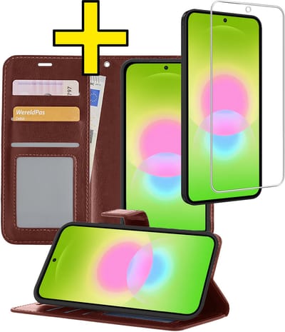Hoesje - Met Screenprotector - Geschikt voor Samsung Galaxy A27 - Luxe Pasjeshouder - Bookcase Portemonee - Flip Case - Kunstleer Book Case - Flipcase - Book Cover - Walletcase - Portemonneehoes - Telefoonhoesjes - Bruin