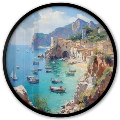 Poster in lijst Rond - Fotolijst 40x40 cm - Posters - Kustdorp - Schilderij - Rotsen - Boten - Ronde posterlijst zwart - Decoratie - Wanddecoratie woonkamer - Muurdecoratie slaapkamer