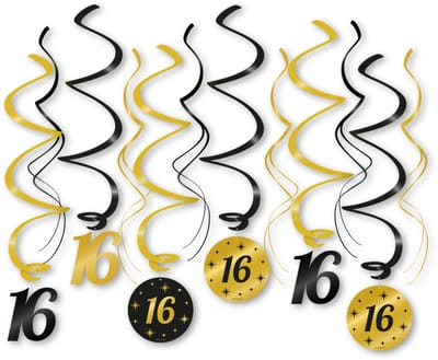 LUQ – Swirls 16 Jaar – Zwart-Goud – Luxe Hangdecoratie – Sweet Sixteen Moment – Birthday Slingers Versiering – 12 Stuks