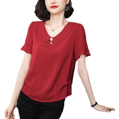 Chiffon Top voor Dames Zomerkleding Nieuw Modieus en Leeftijdsverminderend Temperament Lotusbladmouwen Shirt Middenjarige Moeder's Top met Korte Mouwen 4XL red