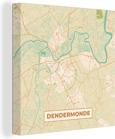 Canvas Schilderij Dendermonde - Plattegrond - Kaart - Vintage - Stadskaart - 20x20 cm - Wanddecoratie