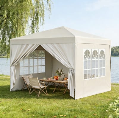 HAUSS SPOLE Partytent - 3 x 3 m - Verstelbare Hoogte En Opvouwbaar - Oxford Doek En Metaal - Beige - Voor Tuin, Terras En Evenementen