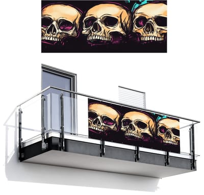 Balkonscherm 300x120 cm - Balkonposter Schedels - Graffiti - Neon - Balkon scherm decoratie - Balkonschermen - Balkondoek zonnescherm