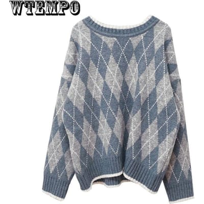 Trui Dames Lente en Herfst Franse Lazy Style Losse Ruit Mori College Stijl Trui Trui S blauw