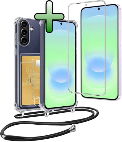Hoes Geschikt voor Samsung A37 Hoesje Pas Houder Shock Proof Case Hoes Met Koord Met Screenprotector - Hoesje Geschikt voor Samsung Galaxy A37 Hoes Met Telefoonkoord Pasjeshouder Cover - Transparant