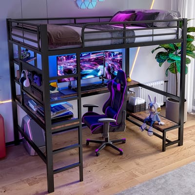 Komhtom Hoogslaper, 90 x 200 cm, ijzeren frame, bureau, veiligheidshek, ladder, diverse opbergmogelijkheden, met USB-aansluiting + type C, met ledstrip, met geperforeerd paneel, zonder matras, zwart