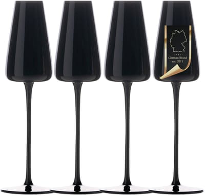 Intirilife 4x Champagneglas met modern design in Zwart - 220 ml inhoud - Glas voor mousserende wijn, Prosecco, vaatwasmachinebestendig, kristalglas, schokbestendig